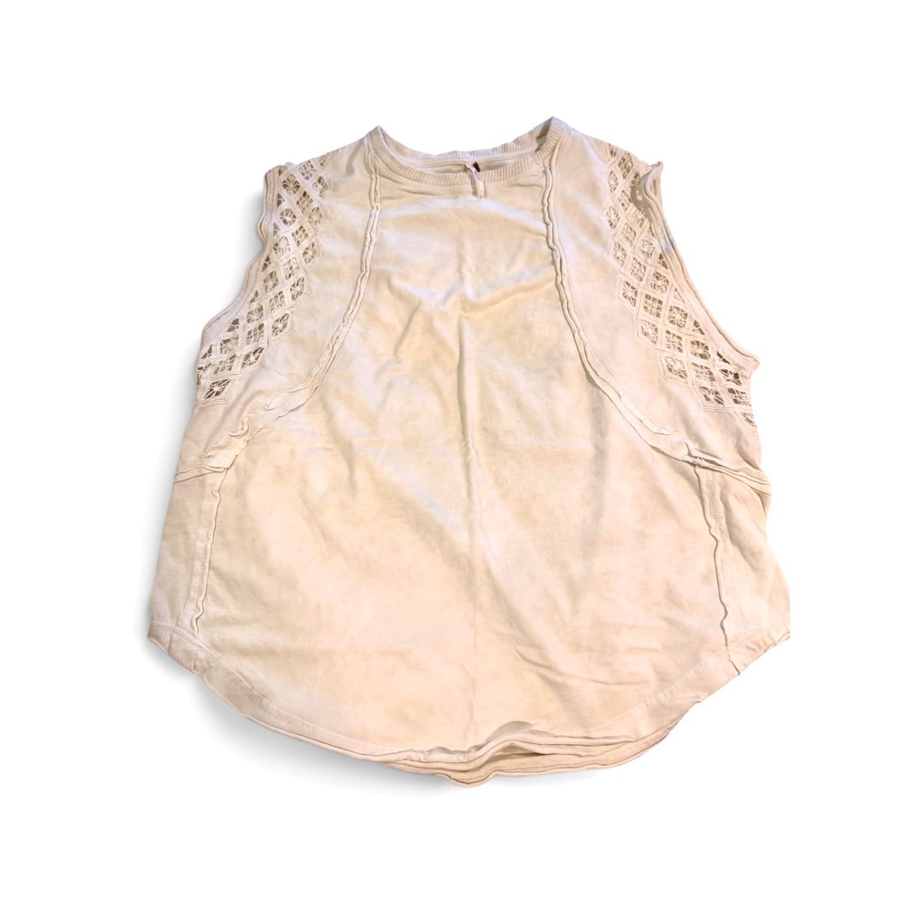 Free People Cream Crochet Lace Sleeveless Knit Top Boho Raw Edge Hem Large